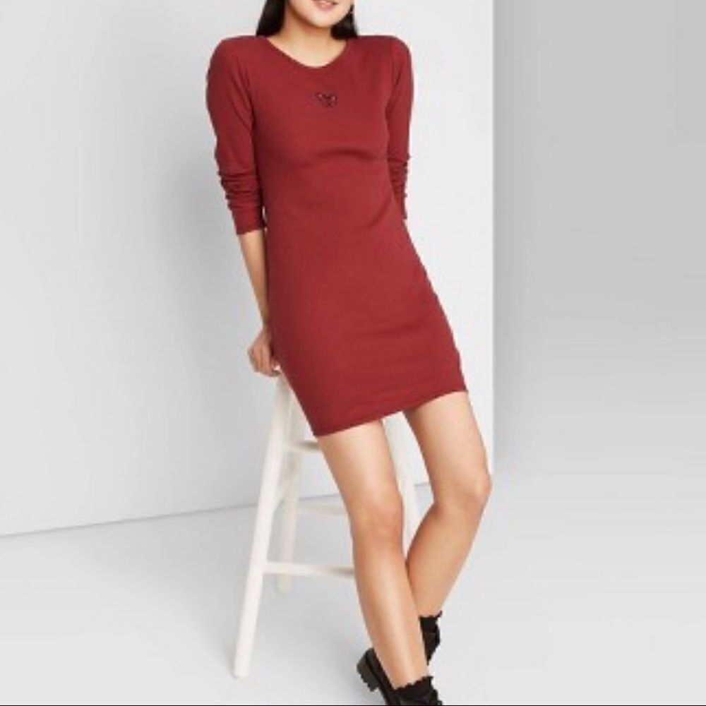 Wild Fable Rib Dress Red Long Sleeve Bodycon Size S